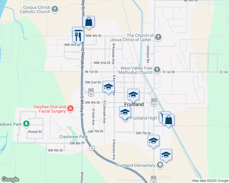 map of restaurants, bars, coffee shops, grocery stores, and more near in Fruitland
