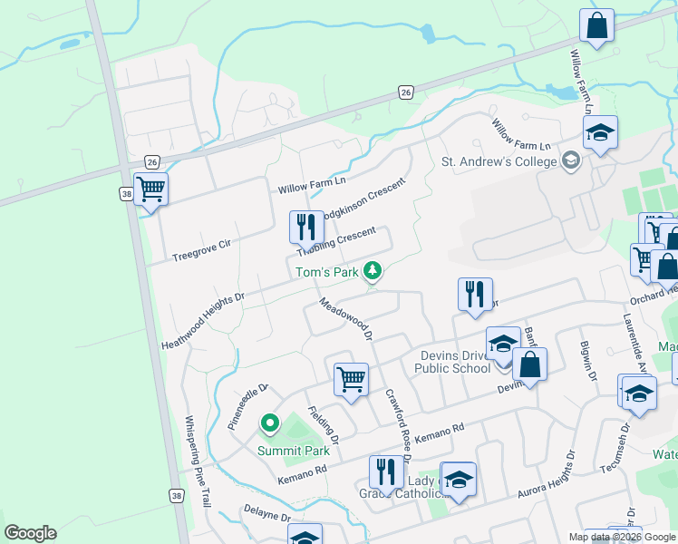 map of restaurants, bars, coffee shops, grocery stores, and more near 133 Heathwood Heights Drive in Aurora
