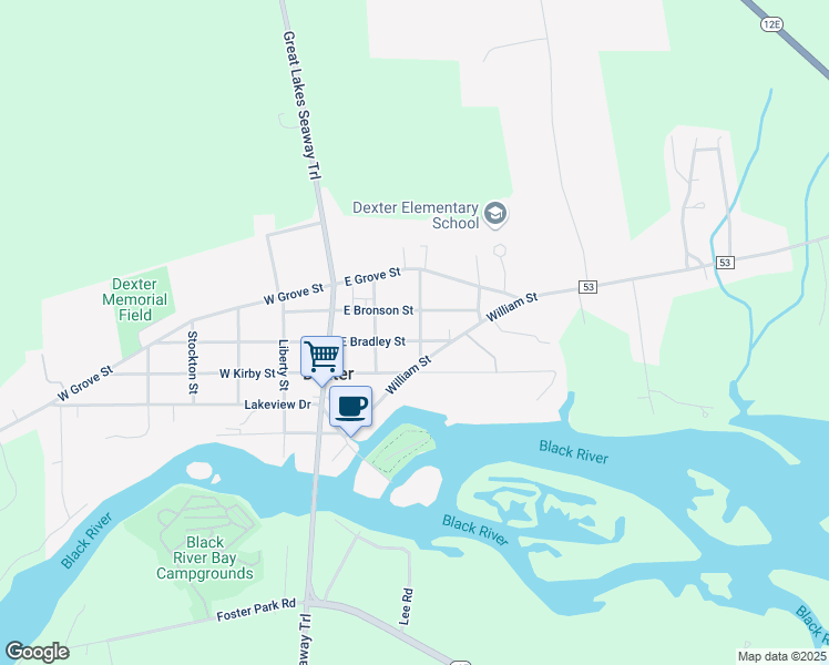 map of restaurants, bars, coffee shops, grocery stores, and more near 220 West Bradley Street in Dexter