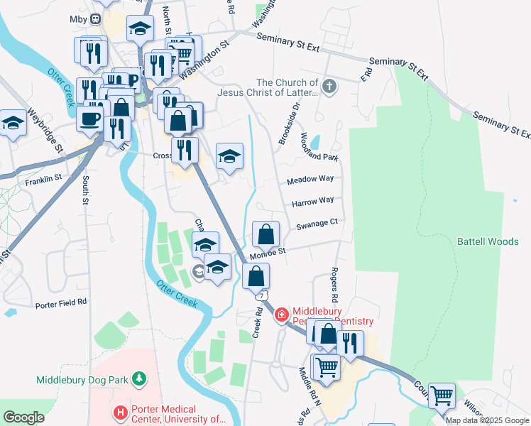 map of restaurants, bars, coffee shops, grocery stores, and more near 20 Overbrook Drive in Middlebury