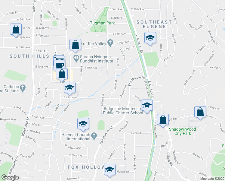 map of restaurants, bars, coffee shops, grocery stores, and more near 4190 Alder Street in Eugene