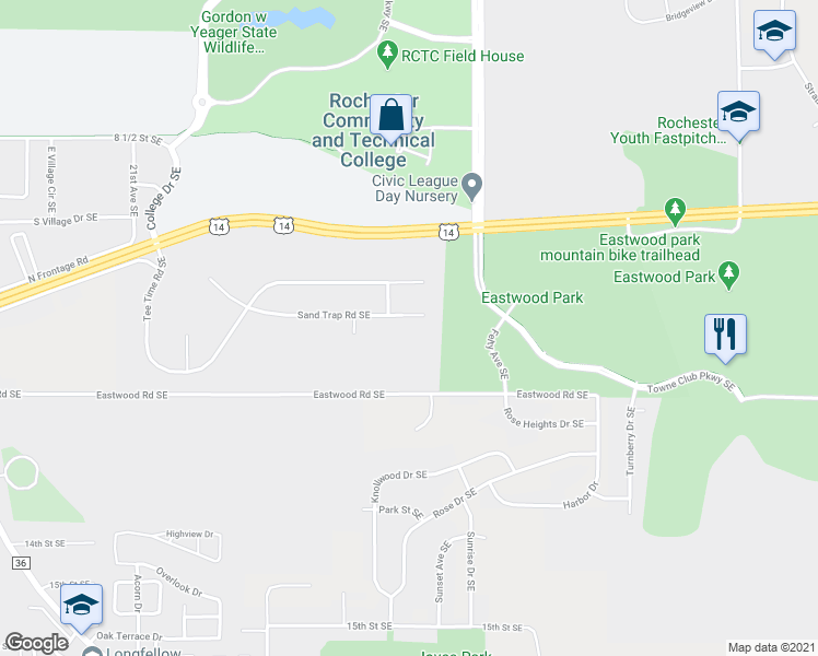 map of restaurants, bars, coffee shops, grocery stores, and more near 2838 Sand Trap Road Southeast in Rochester