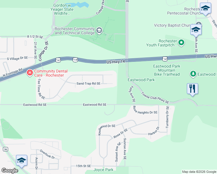 map of restaurants, bars, coffee shops, grocery stores, and more near 2838 Sand Trap Road Southeast in Rochester