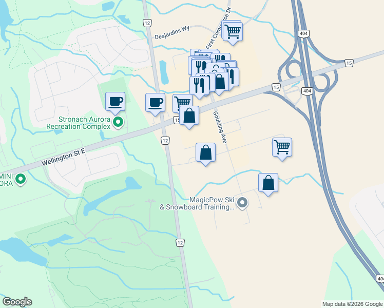 map of restaurants, bars, coffee shops, grocery stores, and more near 32 Don Hillock Drive in Aurora