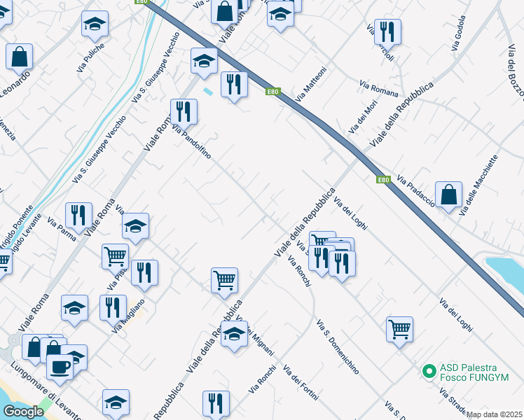 map of restaurants, bars, coffee shops, grocery stores, and more near 218 Via Pandolfino in Massa