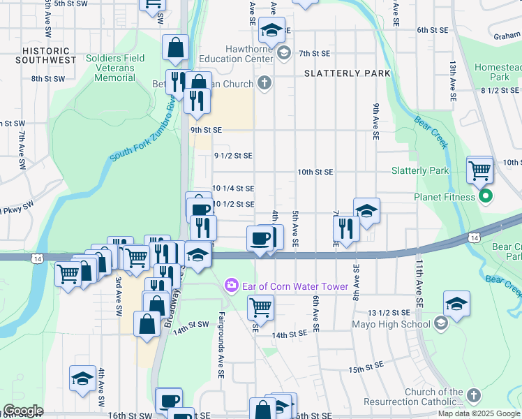map of restaurants, bars, coffee shops, grocery stores, and more near 1112 3rd Avenue Southeast in Rochester
