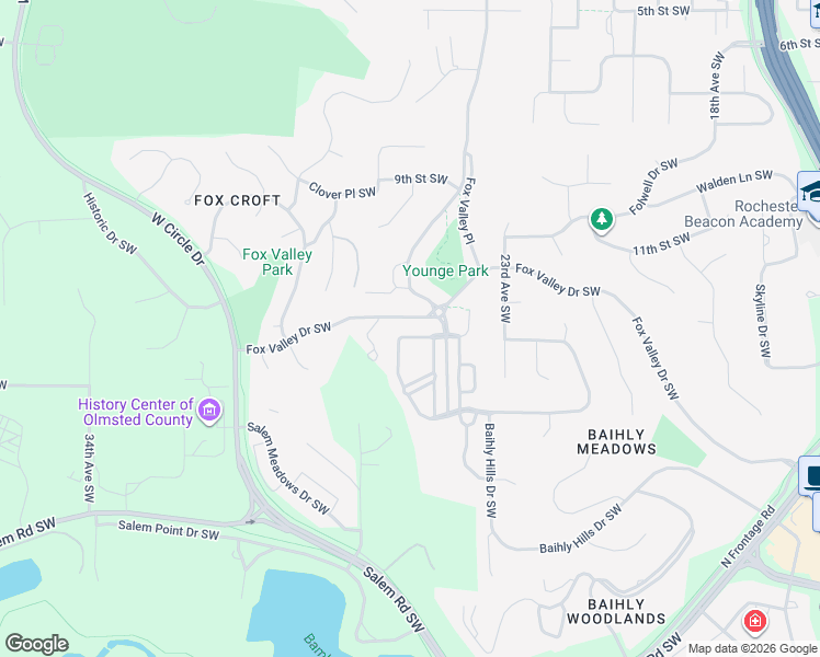 map of restaurants, bars, coffee shops, grocery stores, and more near 1100 Fox Hill Place Southwest in Rochester