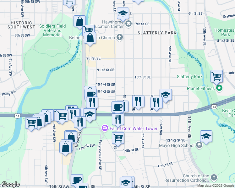 map of restaurants, bars, coffee shops, grocery stores, and more near 303 11th Street Southeast in Rochester