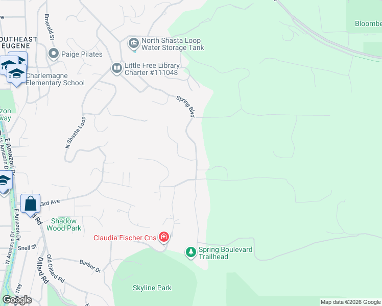 map of restaurants, bars, coffee shops, grocery stores, and more near 4255 Spring Boulevard in Eugene