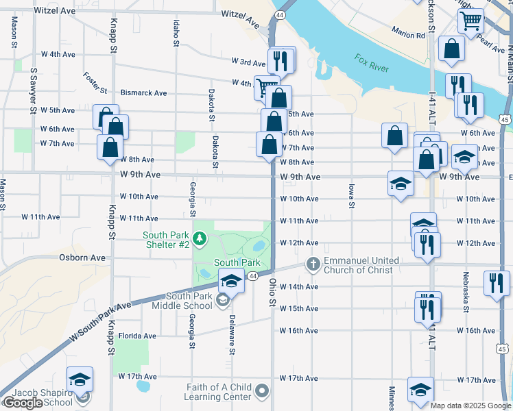 map of restaurants, bars, coffee shops, grocery stores, and more near 634 West 11th Avenue in Oshkosh