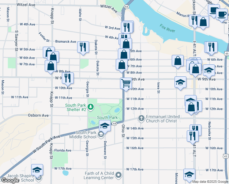 map of restaurants, bars, coffee shops, grocery stores, and more near 634 West 11th Avenue in Oshkosh
