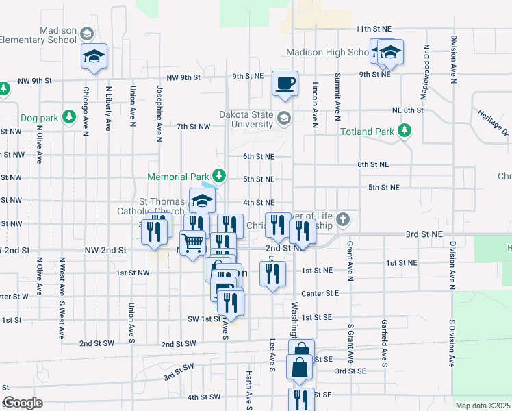 map of restaurants, bars, coffee shops, grocery stores, and more near 415 Lee Avenue North in Madison