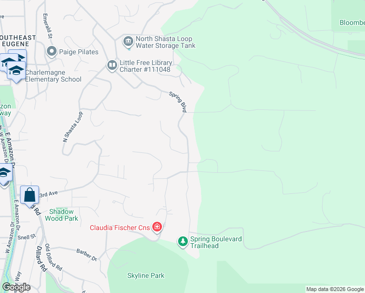 map of restaurants, bars, coffee shops, grocery stores, and more near 4255 Spring Boulevard in Eugene
