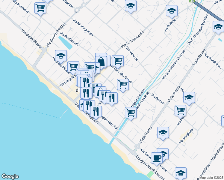 map of restaurants, bars, coffee shops, grocery stores, and more near 528 Via Giuseppe Zolezzi in Massa