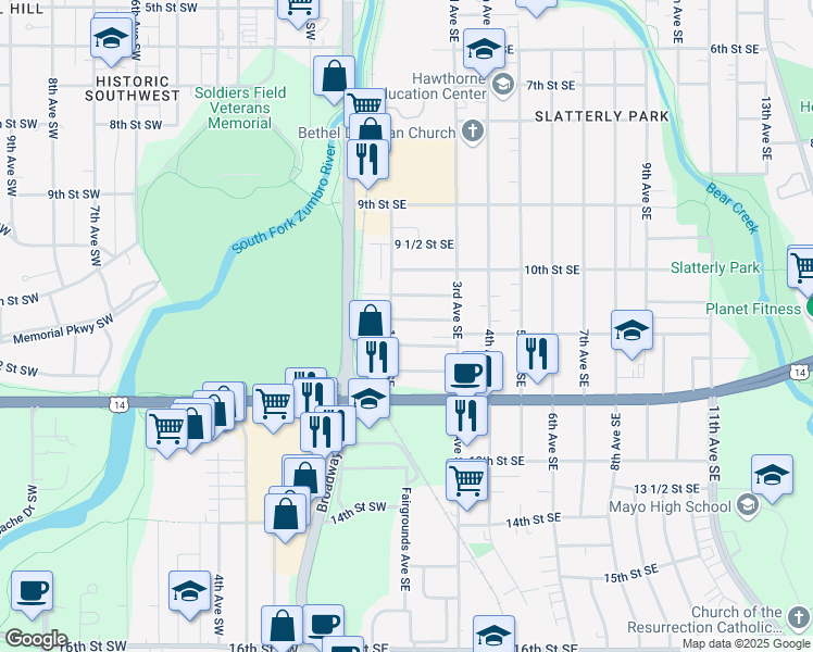 map of restaurants, bars, coffee shops, grocery stores, and more near 114 10 1/2 Street Southeast in Rochester