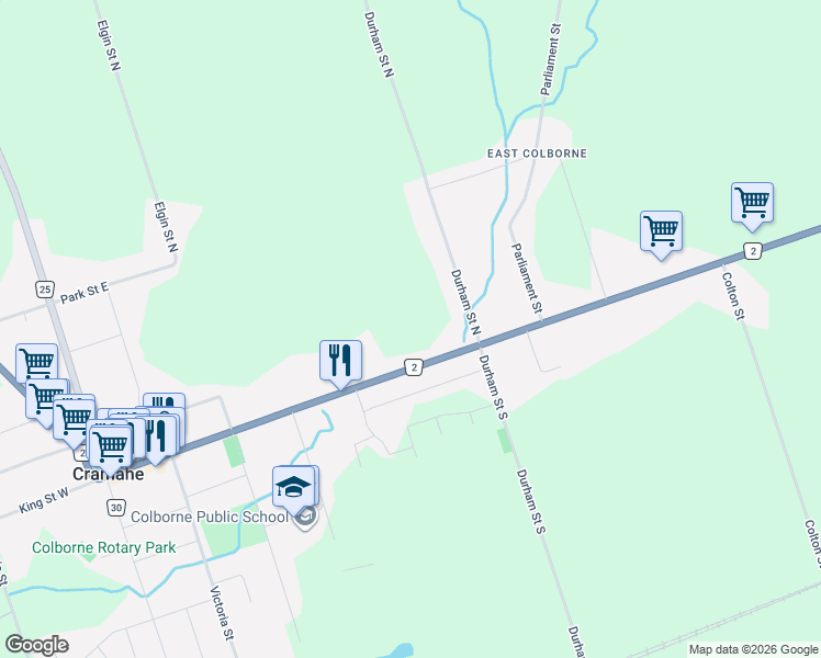 map of restaurants, bars, coffee shops, grocery stores, and more near 139 King Street East in Colborne