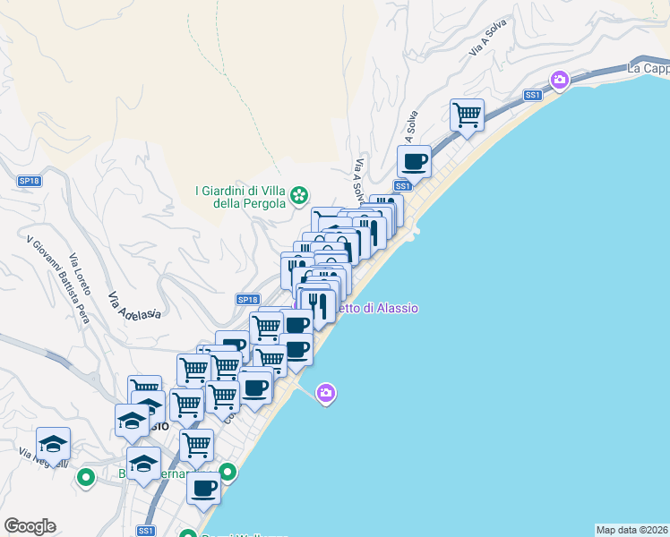 map of restaurants, bars, coffee shops, grocery stores, and more near 33 Piazza Partigiani in Alassio