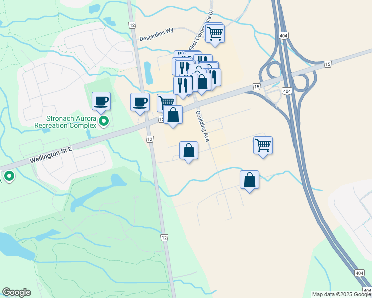map of restaurants, bars, coffee shops, grocery stores, and more near 66 Don Hillock Drive in Aurora