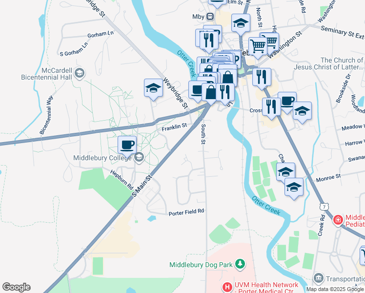 map of restaurants, bars, coffee shops, grocery stores, and more near 42 Benedict Lane in Middlebury
