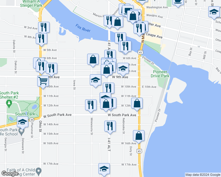 map of restaurants, bars, coffee shops, grocery stores, and more near 136 West 11th Avenue in Oshkosh