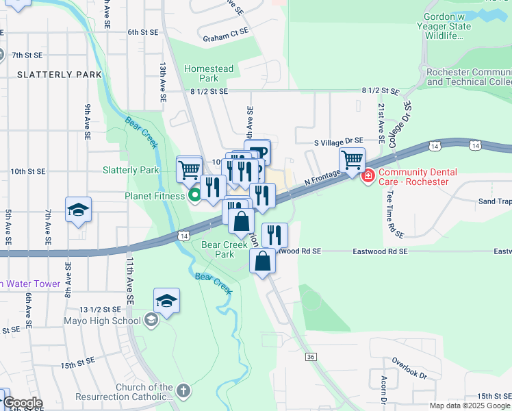 map of restaurants, bars, coffee shops, grocery stores, and more near 1229 Eastgate Drive Southeast in Rochester