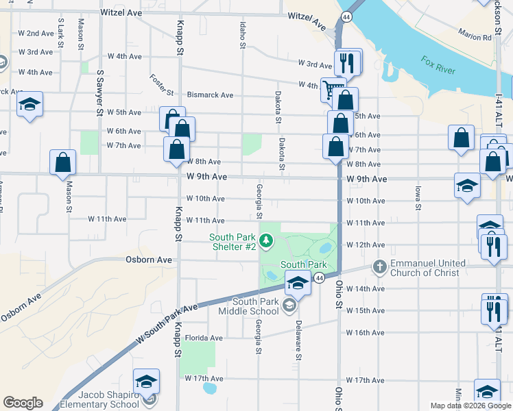 map of restaurants, bars, coffee shops, grocery stores, and more near 754 West 11th Avenue in Oshkosh