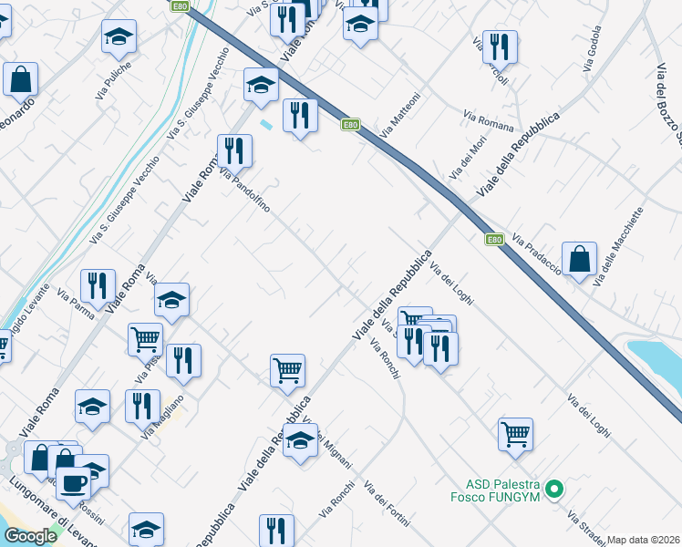 map of restaurants, bars, coffee shops, grocery stores, and more near 218 Via Pandolfino in Massa