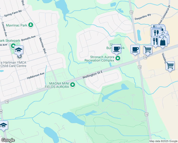 map of restaurants, bars, coffee shops, grocery stores, and more near Elyse Court in Aurora