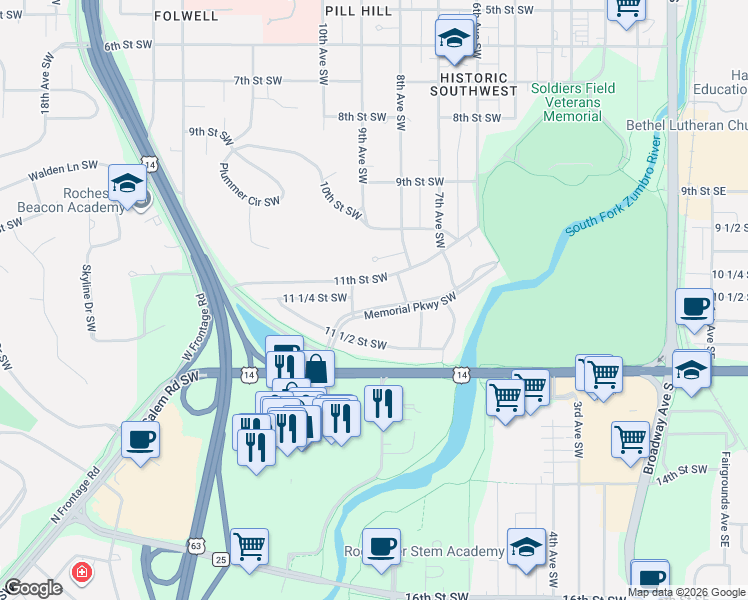 map of restaurants, bars, coffee shops, grocery stores, and more near 850 Memorial Parkway Southwest in Rochester