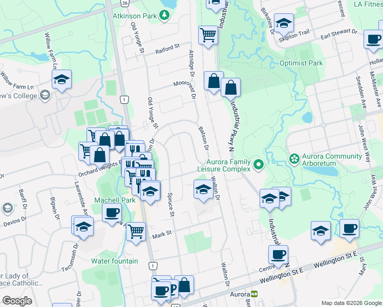 map of restaurants, bars, coffee shops, grocery stores, and more near 158 Walton Drive in Aurora
