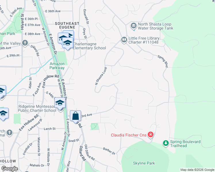 map of restaurants, bars, coffee shops, grocery stores, and more near 1726 Estate Drive in Eugene