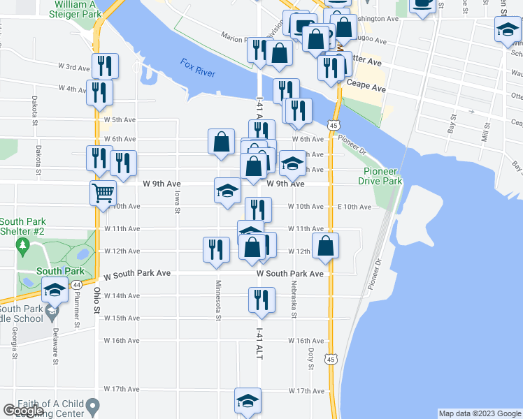 map of restaurants, bars, coffee shops, grocery stores, and more near 1002 Oregon Street in Oshkosh