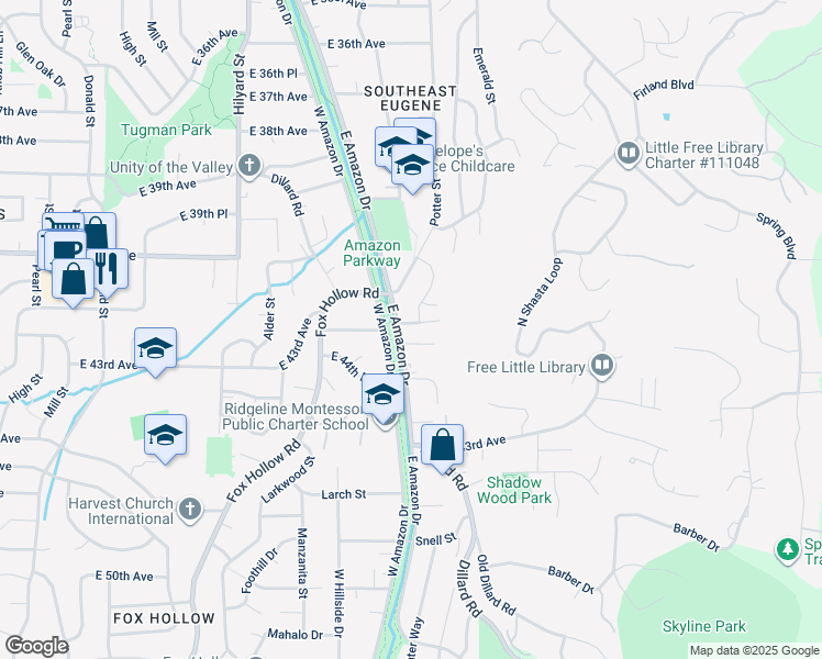 map of restaurants, bars, coffee shops, grocery stores, and more near 1120 East 41st Avenue in Eugene