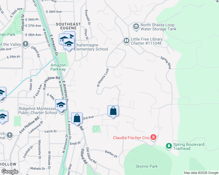 map of restaurants, bars, coffee shops, grocery stores, and more near 1726 Estate Drive in Eugene