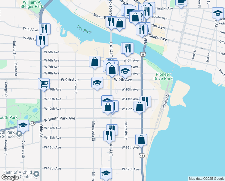 map of restaurants, bars, coffee shops, grocery stores, and more near 922 Oregon Street in Oshkosh