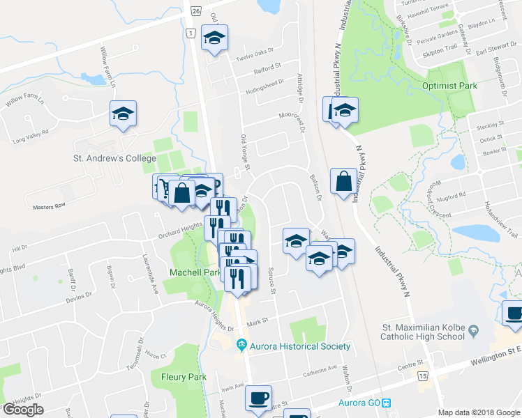 map of restaurants, bars, coffee shops, grocery stores, and more near 176 Spruce Street in Aurora