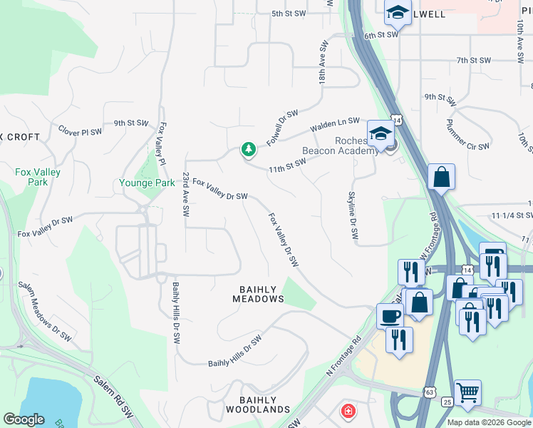 map of restaurants, bars, coffee shops, grocery stores, and more near 2047 Fox Valley Drive Southwest in Rochester