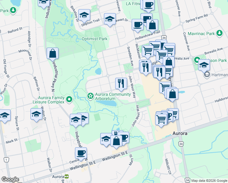 map of restaurants, bars, coffee shops, grocery stores, and more near 5 Evelyn Buck Lane in Aurora