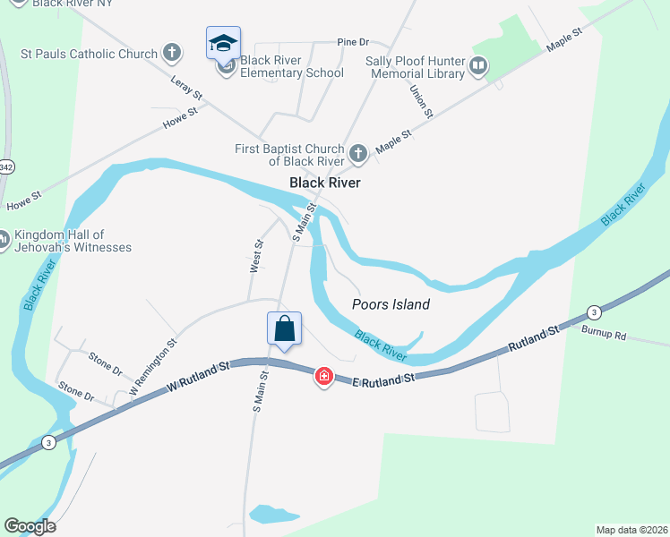 map of restaurants, bars, coffee shops, grocery stores, and more near Saint Regis Street in Black River