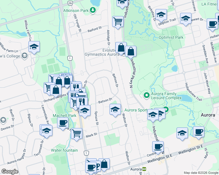 map of restaurants, bars, coffee shops, grocery stores, and more near 158 Walton Drive in Aurora