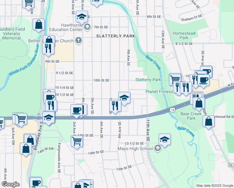 map of restaurants, bars, coffee shops, grocery stores, and more near 1019 8th Avenue Southeast in Rochester
