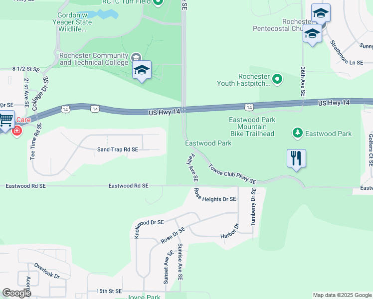 map of restaurants, bars, coffee shops, grocery stores, and more near 1081 Felty Avenue Southeast in Rochester
