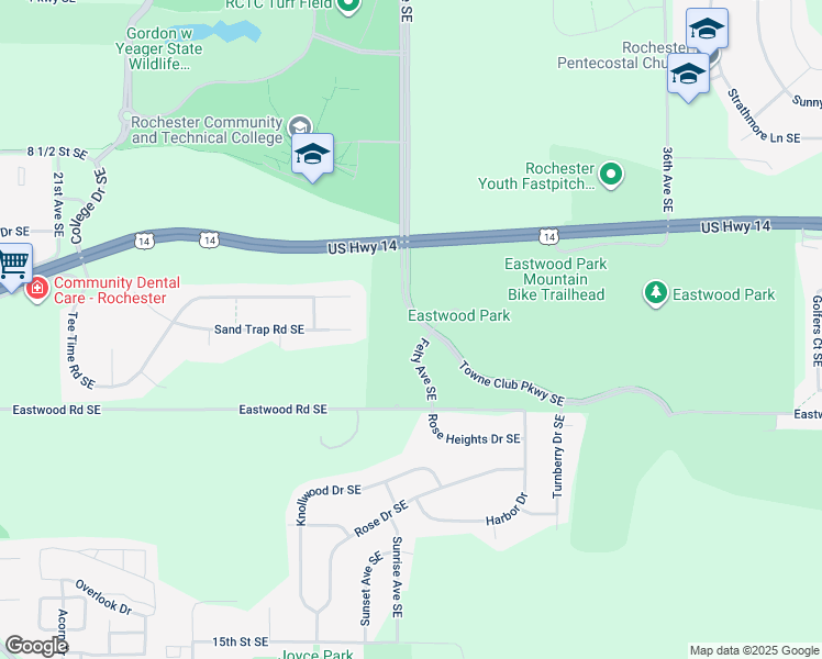 map of restaurants, bars, coffee shops, grocery stores, and more near 1081 Felty Avenue Southeast in Rochester