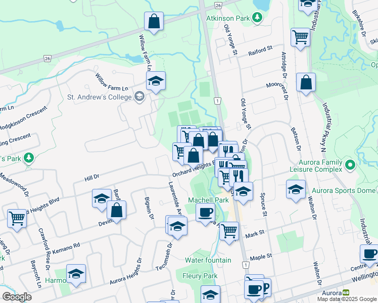 map of restaurants, bars, coffee shops, grocery stores, and more near in Aurora