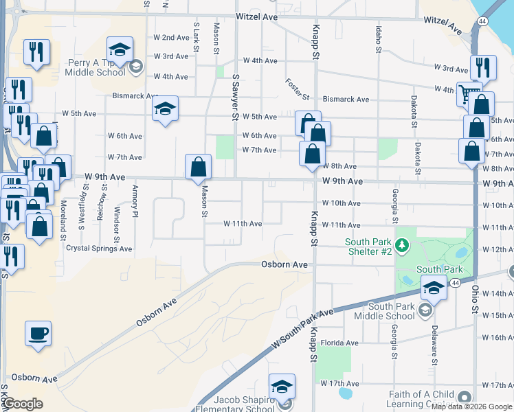map of restaurants, bars, coffee shops, grocery stores, and more near 917 Kansas Street in Oshkosh