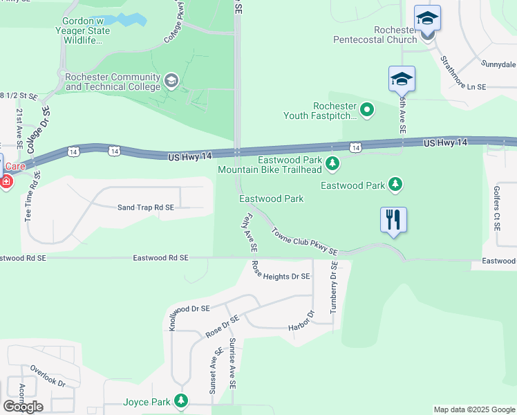 map of restaurants, bars, coffee shops, grocery stores, and more near 3043 Towne Club Parkway Southeast in Rochester