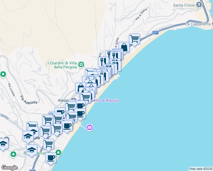 map of restaurants, bars, coffee shops, grocery stores, and more near 6-31 Via Antonio Gramsci in Alassio