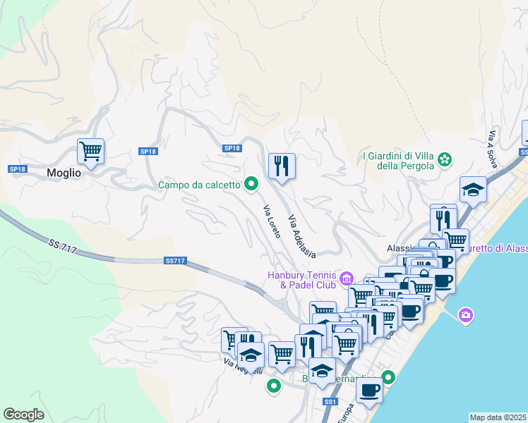 map of restaurants, bars, coffee shops, grocery stores, and more near 107 Via Loreto in Alassio