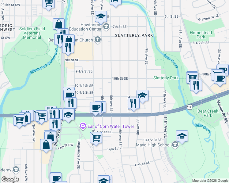 map of restaurants, bars, coffee shops, grocery stores, and more near 1021 6th Avenue Southeast in Rochester
