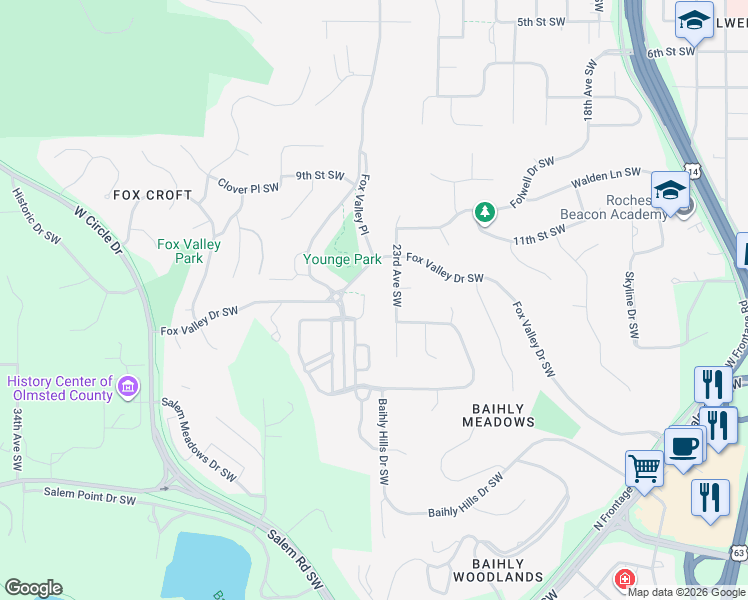 map of restaurants, bars, coffee shops, grocery stores, and more near 1038 Fox Hill Lane Southwest in Rochester